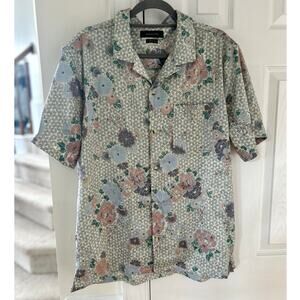 Urban Outfitters Light Blue & Pink Mosaic Floral Print Satin Camp Collar Shirt